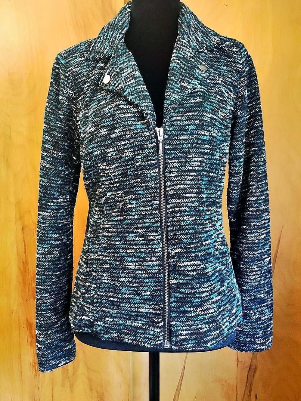 Christopher & Banks Teal and Black Knit Zip Moto Jacket
